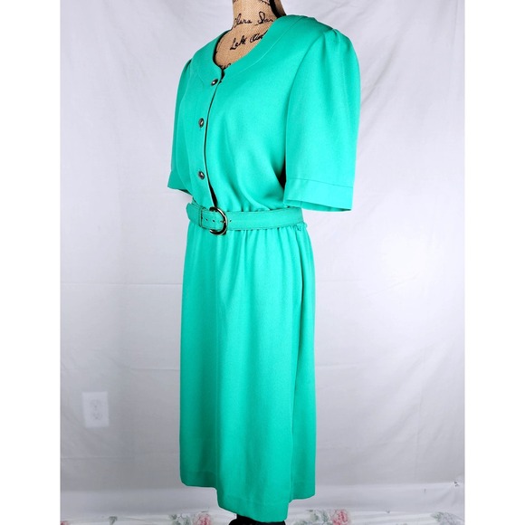 Vintage Andrea Gayle Women's Teal Green Button Front Belted Sheath Dress Size 16 - Picture 5 of 12